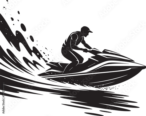 Jet ski rider speeding on ocean water with huge splashes, minimalist black and white vector with water