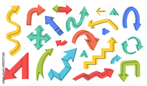 Arrow. Direction sign. Recycle cartoon, icon curved, circle. Bent, retro doodle navigation. Movement interface, abstract pointing. Computer sign. Vector garish symbol cartoon flat style isolated set