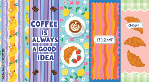 Set of colorful food and drink patterns with coffee, croissants, bananas, and lemons for cafe menu or packaging