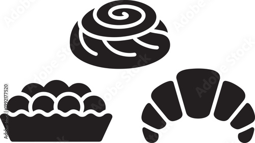 Pastry collection with 3 icons of a cinnamon roll croissant and berry tart black vector illustration