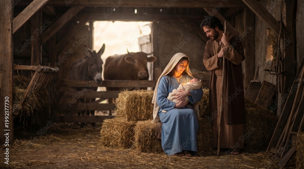 Fototapeta premium Virgin Mary holding baby Jesus with Saint Joseph standing in manger. Nativity scene with holy family and animals in stable. Religious celebration of Christmas christian faith tradition.