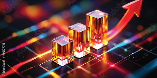A golden stock market chart glows amidst dark holiday party decorations featuring festive candles wine glasses and shimmering Christmas lights