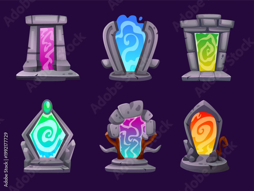 Fantasy cave. Cartoon game. Portal, magic stone. Strange shape. Teleport door to another world. Light ancient gateway. Arch energy. Game interface elements. Vector rock tidy entrance isolated set