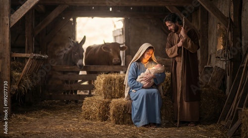 Virgin Mary holding baby Jesus with Saint Joseph standing in manger. Nativity scene with holy family and animals in stable. Religious celebration of Christmas christian faith tradition.
