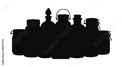 Collection of vintage jars and bottles displayed in black silhouette