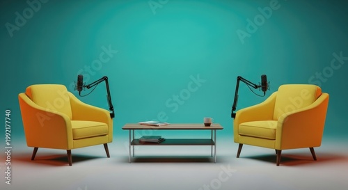 Modern podcast studio setup with yellow armchairs and microphones teal background