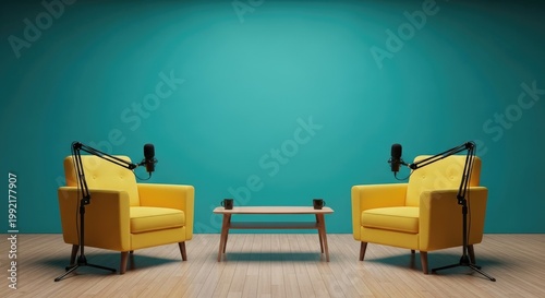 Modern podcasting studio with yellow armchairs and microphones against a teal wall