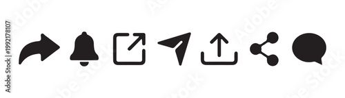 Set of minimalist black communication and navigation icons including share bell message and send arrow symbols.