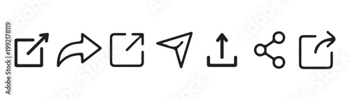 Minimalist line icons for sharing and sending content featuring arrows and paper plane symbols for ui design.
