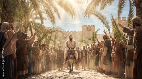 Jesus riding a donkey into Jerusalem. Palm Sunday celebration with crowd holding palm branch. Biblical scene of faithful follower welcoming savior. Christian religious heritage illustration.