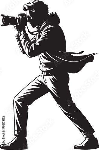 Silhouette Illustration of a Photographer Capturing a Moment with a Professional Camera with white