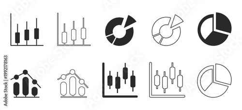 Collection of business and finance icons on white background including charts, Graphs, And pie charts