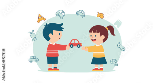 Cartoon Boy and Girl Exchanging a Toy Car Illustration.