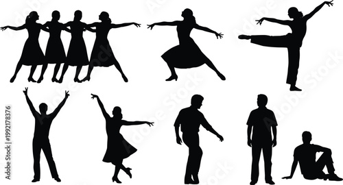 People silhouettes set, dancing standing and artistic poses collection, lifestyle activity figures, isolated black shapes, creative illustration design bundle