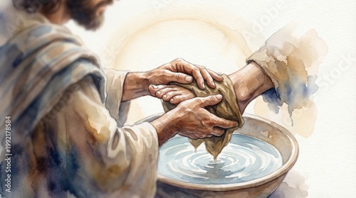Jesus washing the feet of a follower. Symbolic act of humble service and love in Christian tradition. Watercolor illustration depicting biblical scene for religious education and faith.