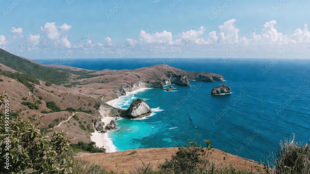 Fototapeta premium Rocky coastal cliffs overlooking turquoise sea and small islets