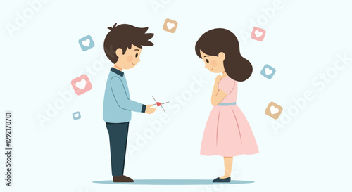 Cartoon Couple in Love - Boy Offering Gift to Girl.