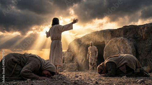 Jesus Christ raising Lazarus from the tomb. Biblical scene of miracle and resurrection. Catholical religious illustration demonstrating divine power, faith, hope and belief in salvation.