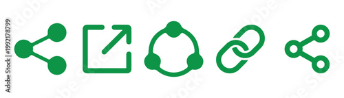 Green share and connection link icons including chain network nodes and external link box for mobile app design.