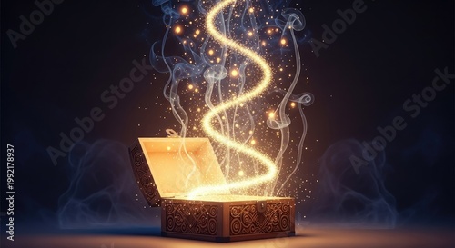 Mysterious box emitting bright energy with glowing ethereal effects and particles