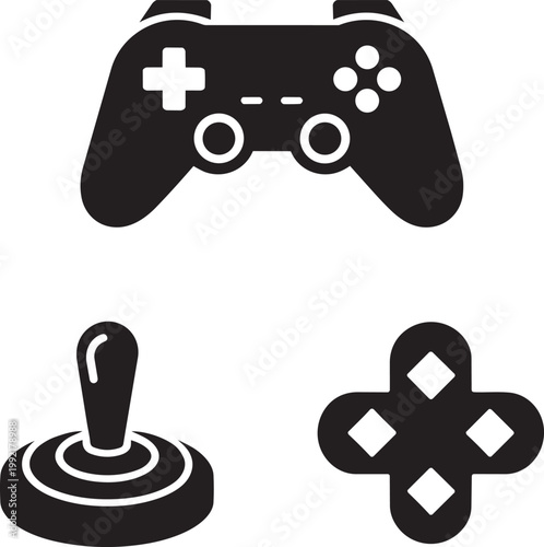 Video game controllers and joysticks icons in a minimalist vector illustration with game interface, video