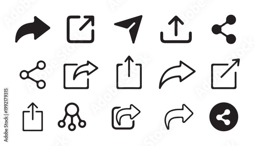 Essential share and export icons including arrows boxes and network nodes for user interface software design.
