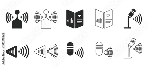 Vector icons of audio and sound symbols on white background for music and voice transmission