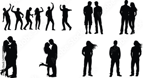 People silhouettes set, dancing standing and romantic couple poses collection, social lifestyle activity figures, isolated black shapes, illustration design bundle