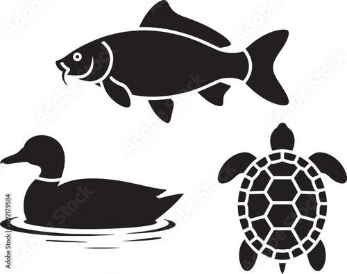 Black and white with white fish, fish aquatic, and aquatic duck in outline style icon set