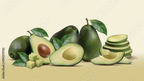 Avocado 3D. Realistic half fruit composition. Ripe slice of fresh. Raw food with seeds. Healthy plant, vegan salad and guacamole. Tasty vegetarian cubes snack. Vector organic ingredient isolated set