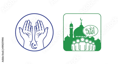 Islamic Prayer Hands and Mosque Icons.