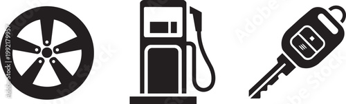 Car wheel, gas pump, and key icons vector illustration with gas station, automobile key, and white