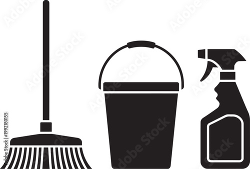 Cleaning equipment including 1 broom, bucket, and spray bottle as flat black silhouette vector icons
