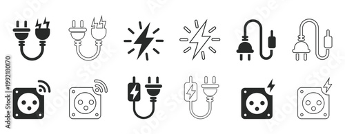 Electric plug and socket icons on white background for electricity and power concepts