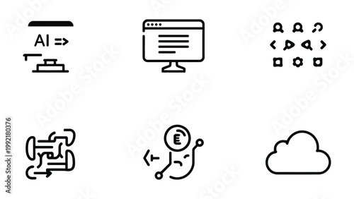 Coding and Technology Icons: A concise set of minimalistic icons representing crucial components of coding, AI, and cloud technology, essential for developers and tech enthusiasts alike. 