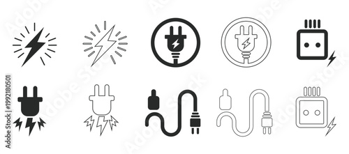 Electricity icons set including plug, Lightning bolt, And power cord on white background