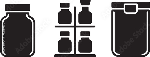 Diverse containers including, set of 6, jars and bottles on rack with food storage, glass jar, and oil