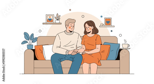 Couple sitting together on a sofa, holding hands, expressing love and affection.