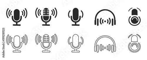 Vector icons of microphones and headphones on white background for audio and podcast concepts