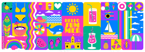 Travel icon. Summer holiday. Geometric shape on card. Minimal sign sea, beach vacation. Tropical tourism cover, cocktail, sunglasses. Vector garish decor cartoon flat style isolated illustration