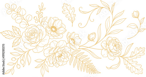 Exquisite golden floral line art illustration featuring roses, anemones, oak leaves, and delicate botanical elements in a sophisticated design