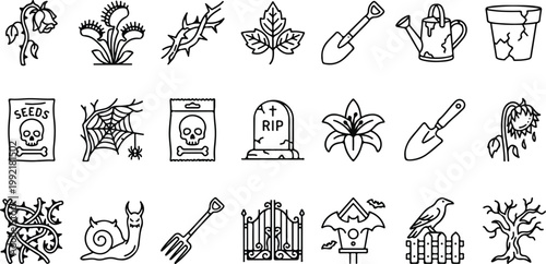 Vector set of spooky gothic gardening line icons featuring wilted flowers, venus flytrap, gravestone, poison seeds, and dark nature symbols.