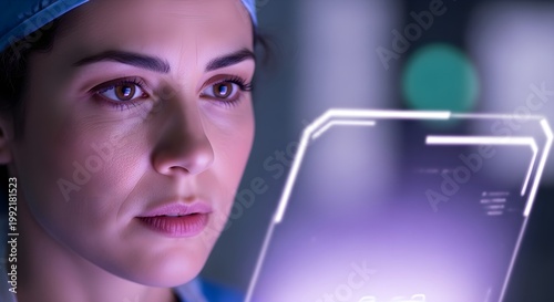 Futuristic Female Surgeon Analyzing Advanced Medical Data on Digital HUD Holographic Interface in High-Tech Hospital Lab