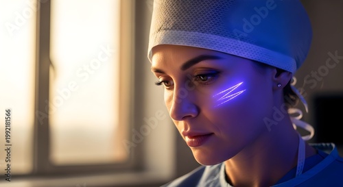 Futuristic Female Surgeon with Blue Laser Scan on Face - Advanced Medical Technology Concept