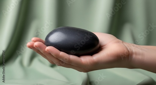 Minimalist Scene of Hand Holding Smooth Black Massage Stone or Charcoal Soap Against Sage Green Draped Fabric - Spa and Wellness Concept