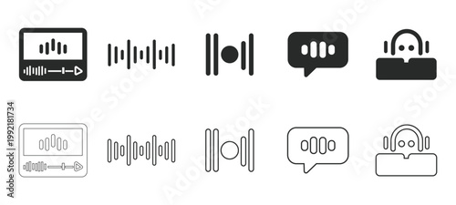 Sound wave and audio icons on white background for music and voice concepts