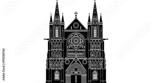 Detailed Gothic Cathedral Front Facade Architecture.