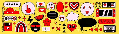 Pixel art retro icon. Sticker Y2K app. Smile fun design. Vintage computer screen. Element nostalgia. Old cute internet. Playful graphic design, speech bubbles and interface vector design garish symbol