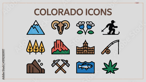 Colorado icons feature mountains, wildlife, and outdoor activities in a scenic landscape with recreational symbols