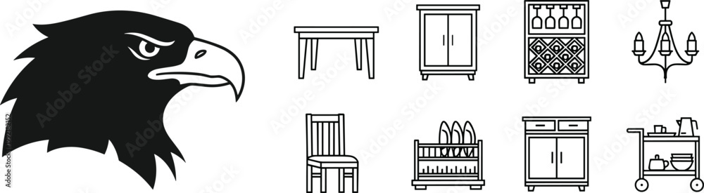 Fototapeta premium Set of Furniture and Eagle Head Icons for Interior Design, Home Decor, and Wildlife Branding